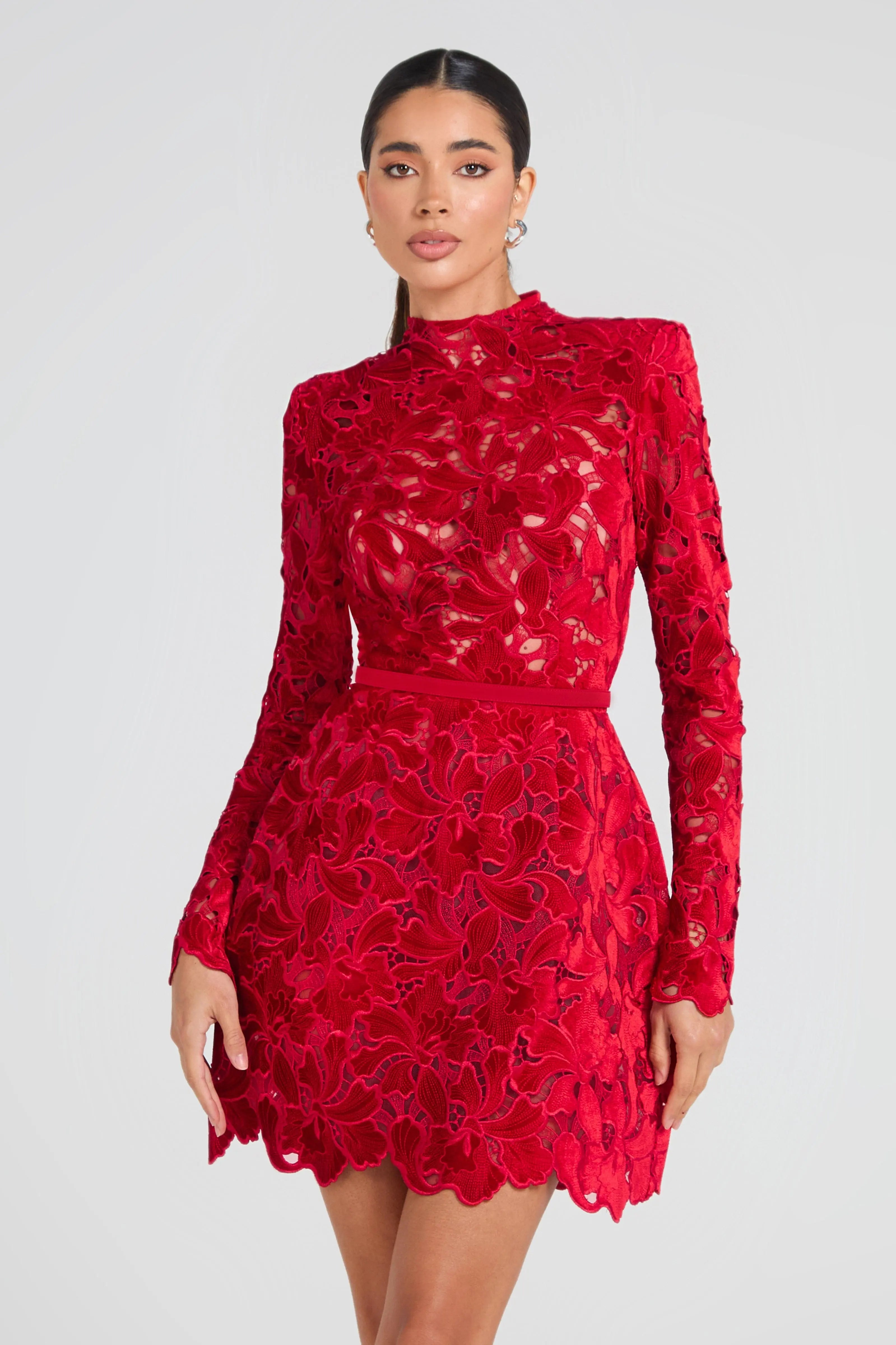 Long-Sleeved Zippered Lace Mini Dress in Red