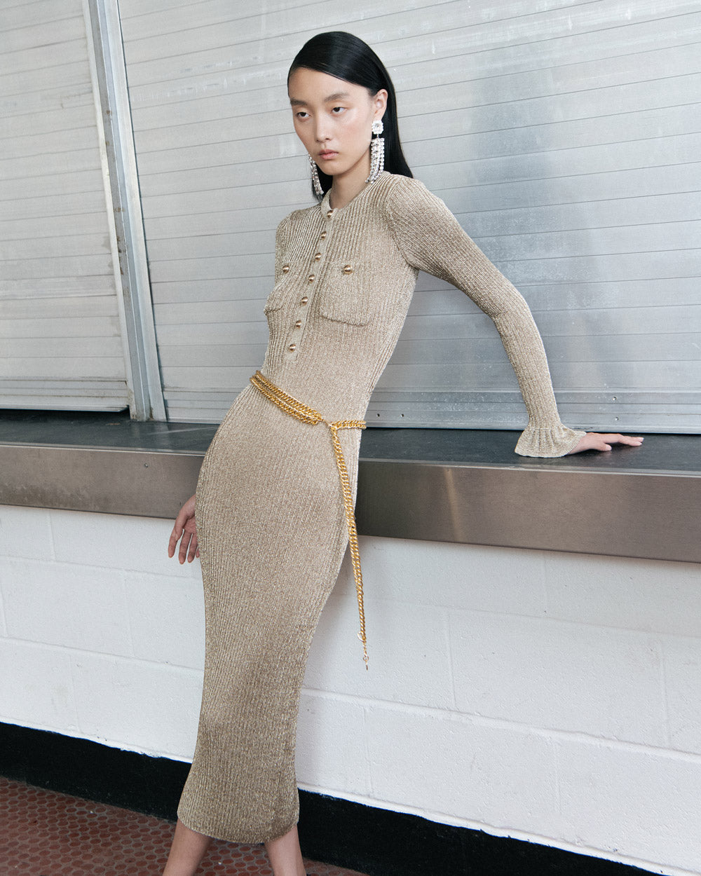 Gold Lurex Ribbed Knit Midi Dress