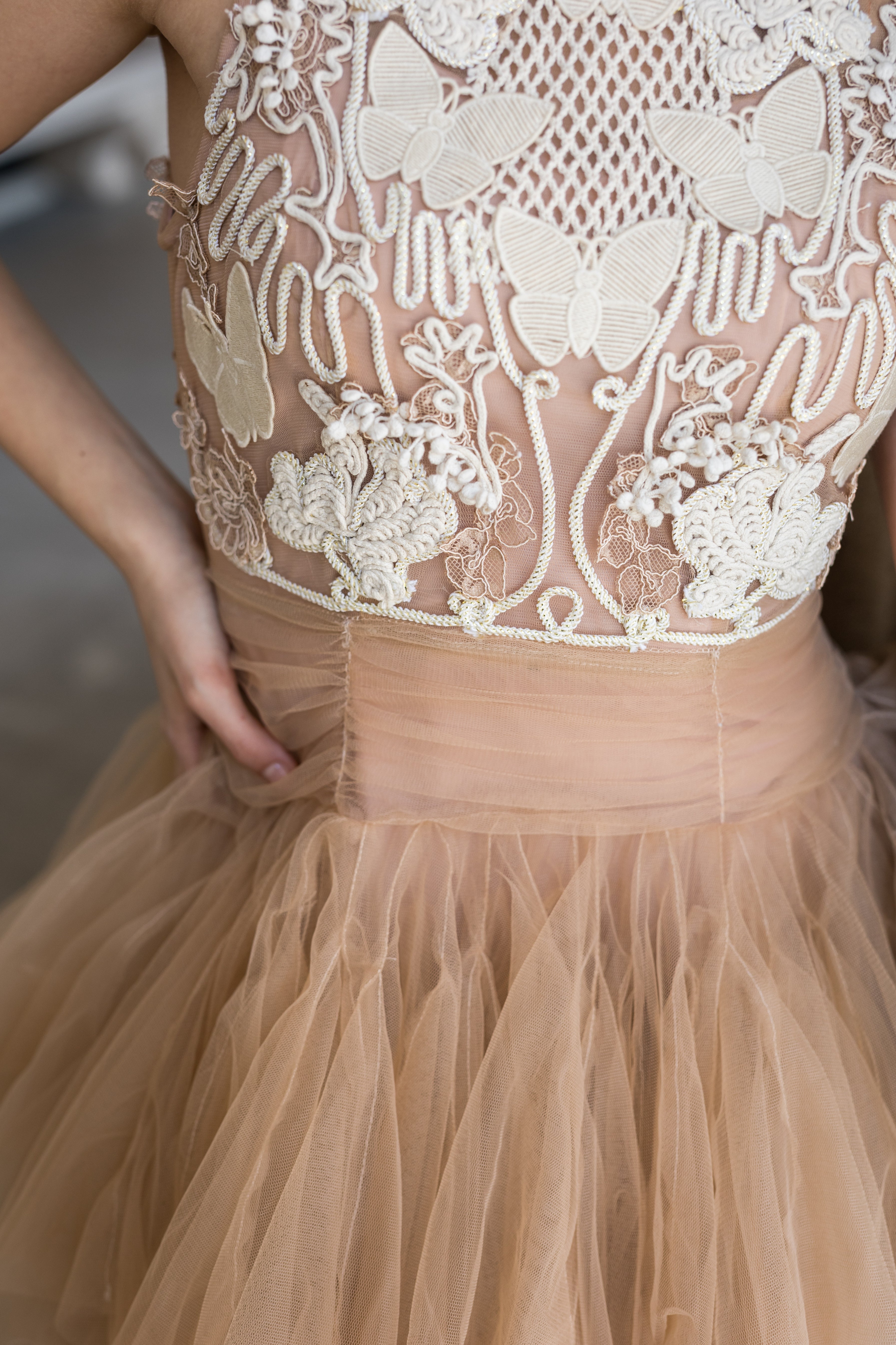 Beige Mini Dress with 3D Applique