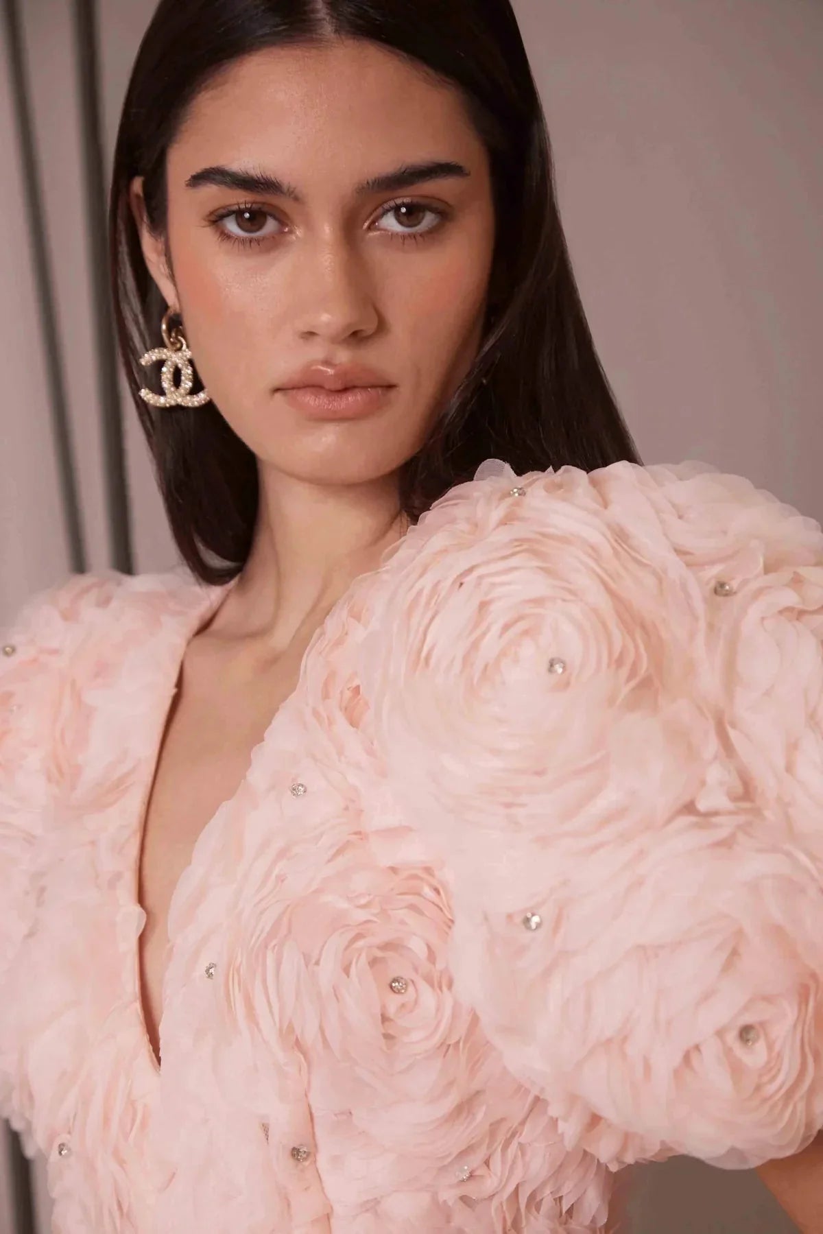 V-Neck Flower Embellished Puff Mini Dress in Ballet Pink