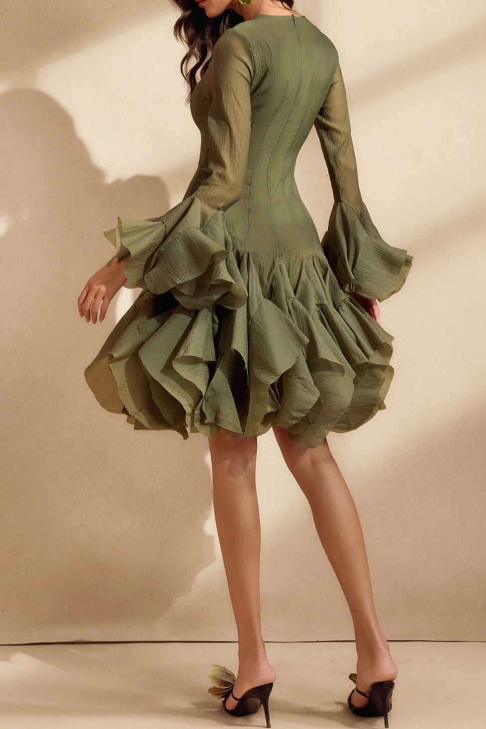 Flare Sleeve Button Mini Dress In Green