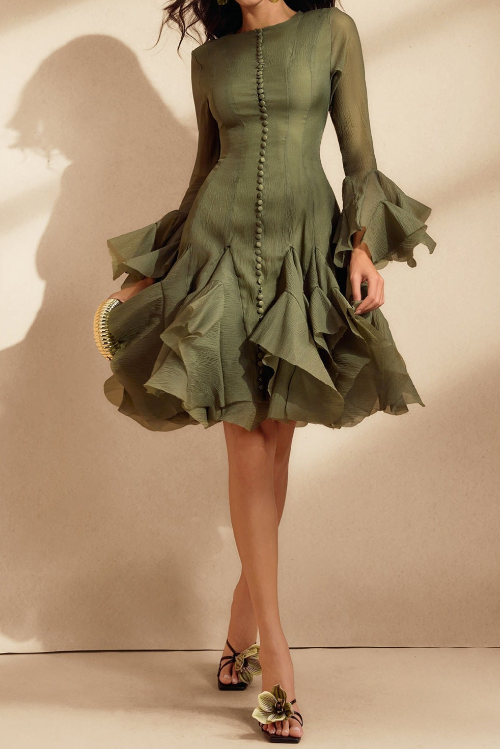Flare Sleeve Button Mini Dress In Green