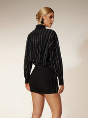 Collar Rhinestone Shirt Mini Dress in Black