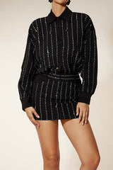 Collar Rhinestone Shirt Mini Dress in Black