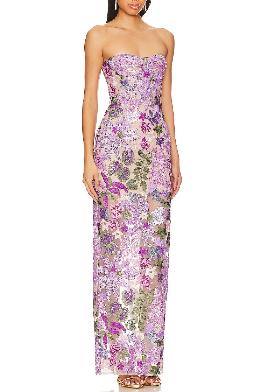 Floral Sequin Embroidered Maxi Dress - Purple