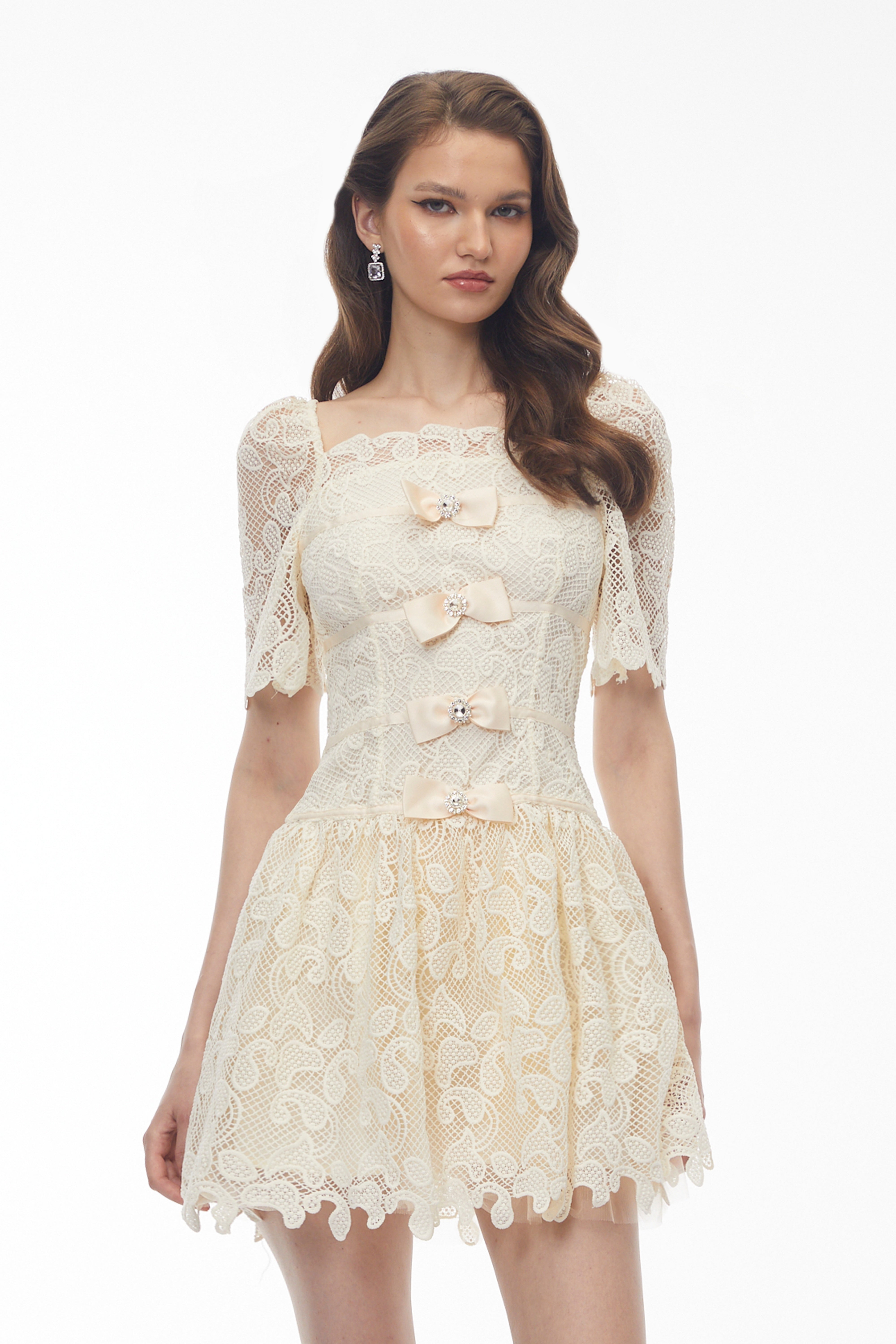 Square Neck Lace Mini Dress - White