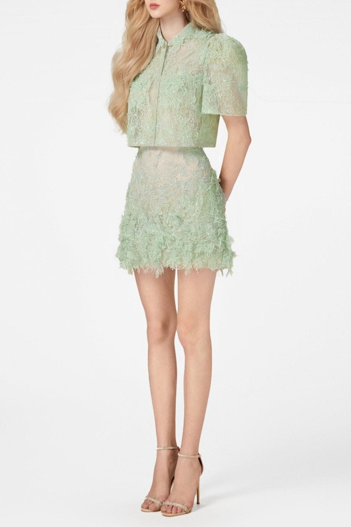 Lace Top & Mini Skirt Set - Green