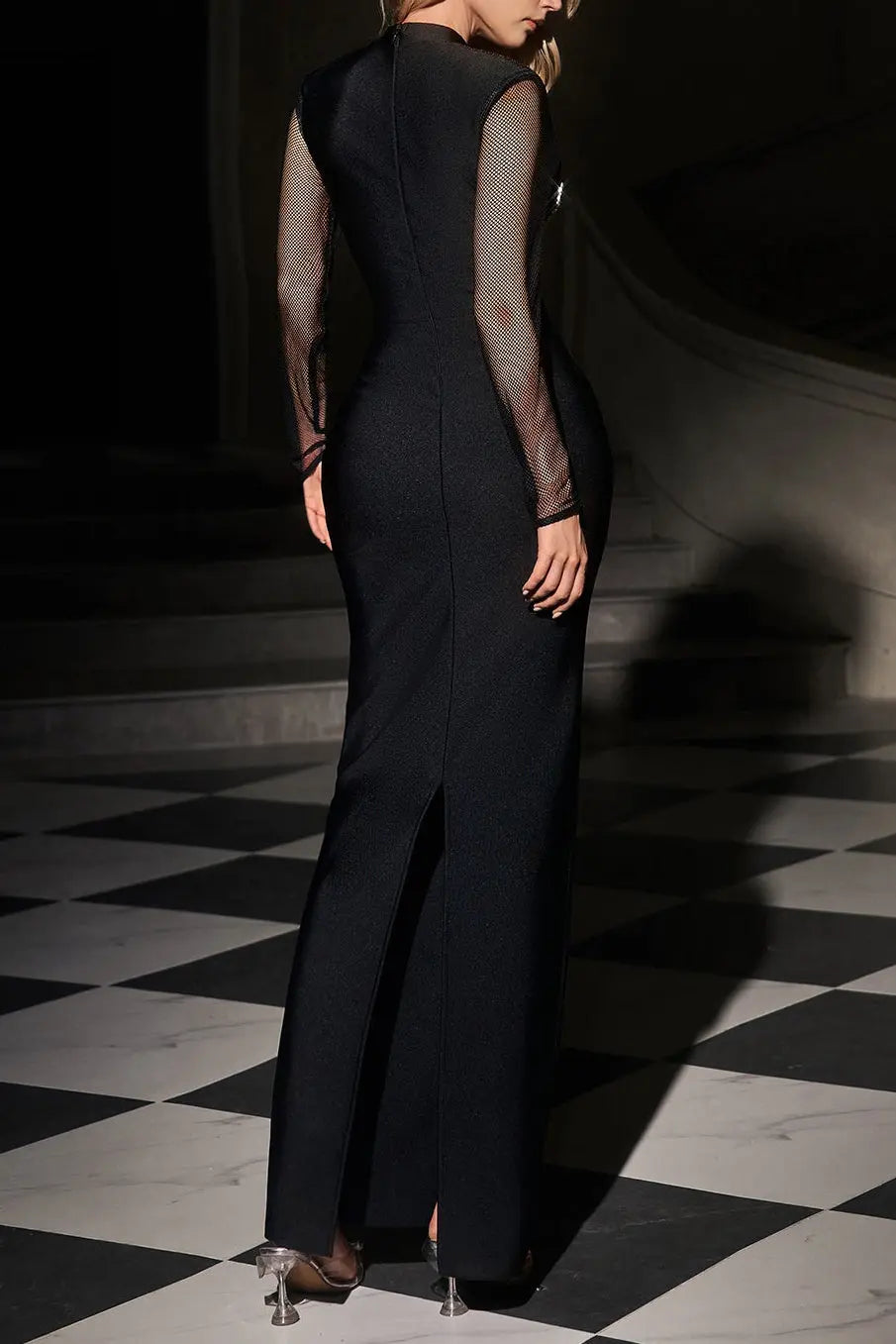 Cutout Crystal Bandage Maxi Dress in Black