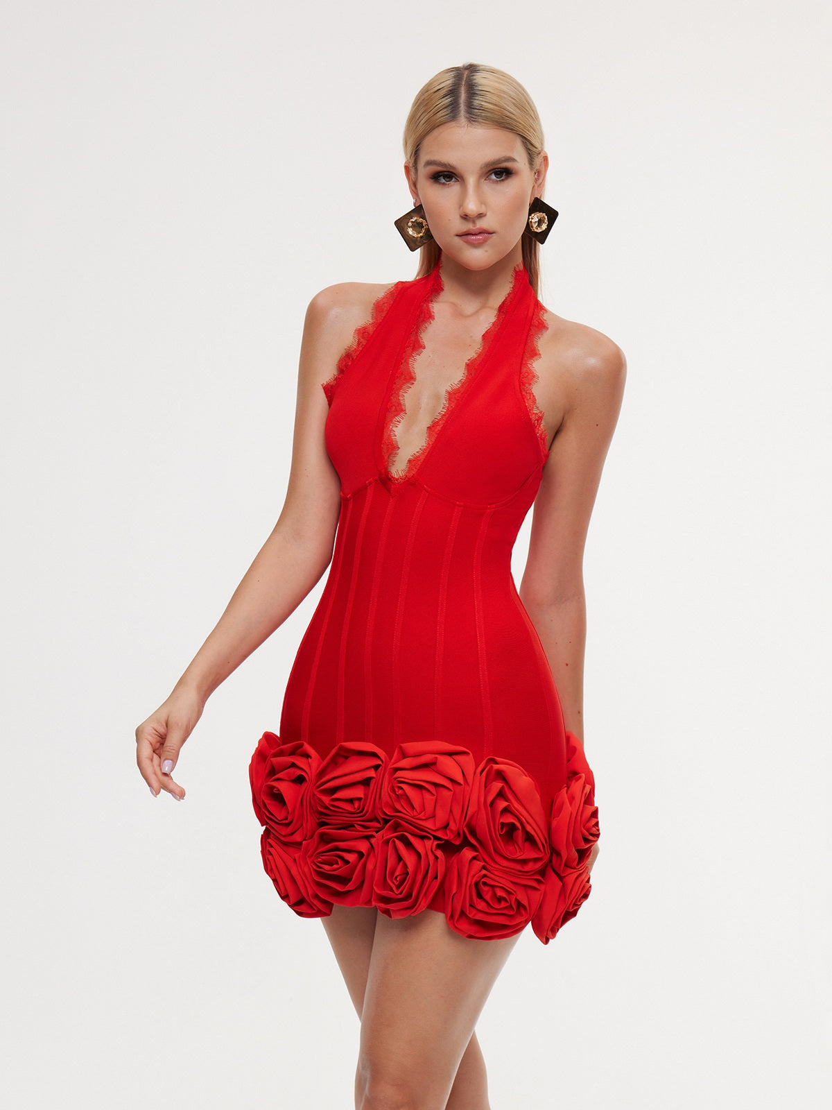 Sequin Halter Neck Flower Bandage Mini Dress in Red