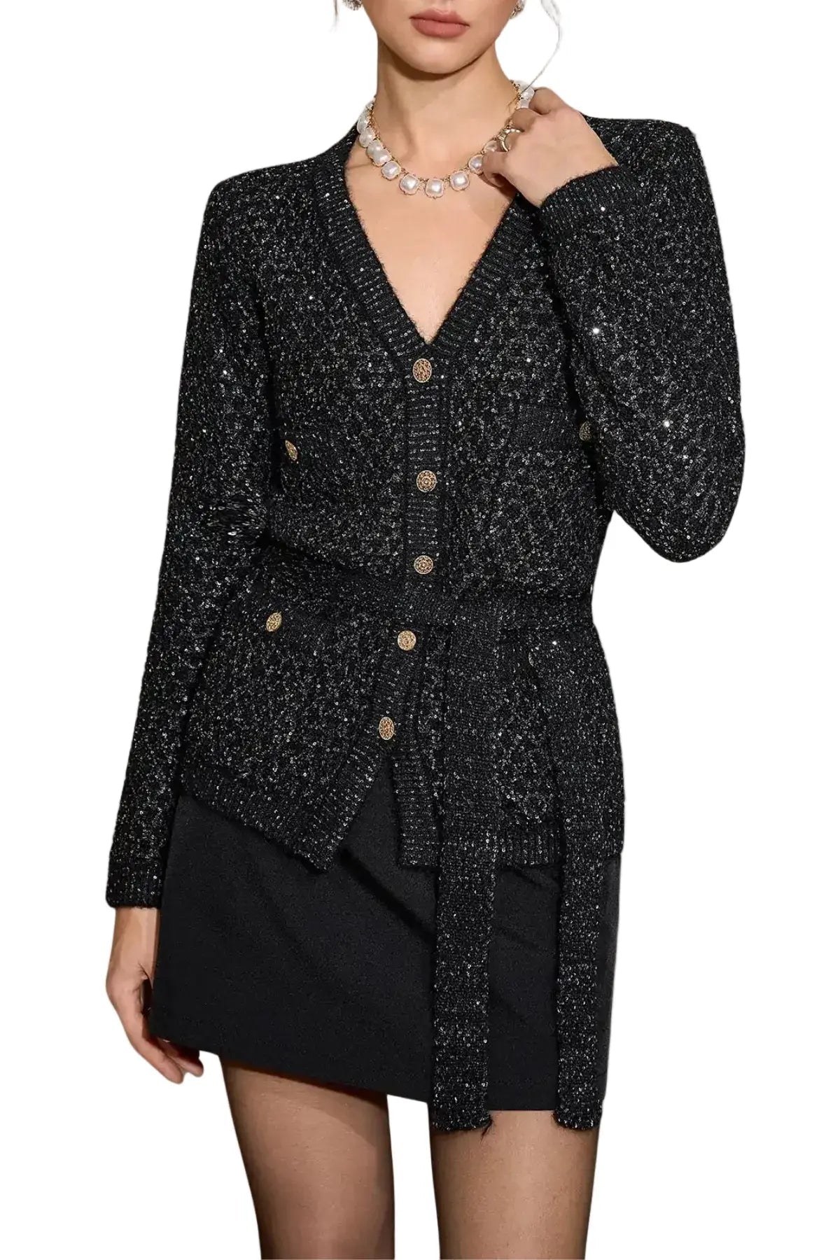 Emilia Sequin Embellished Cardigan - Black