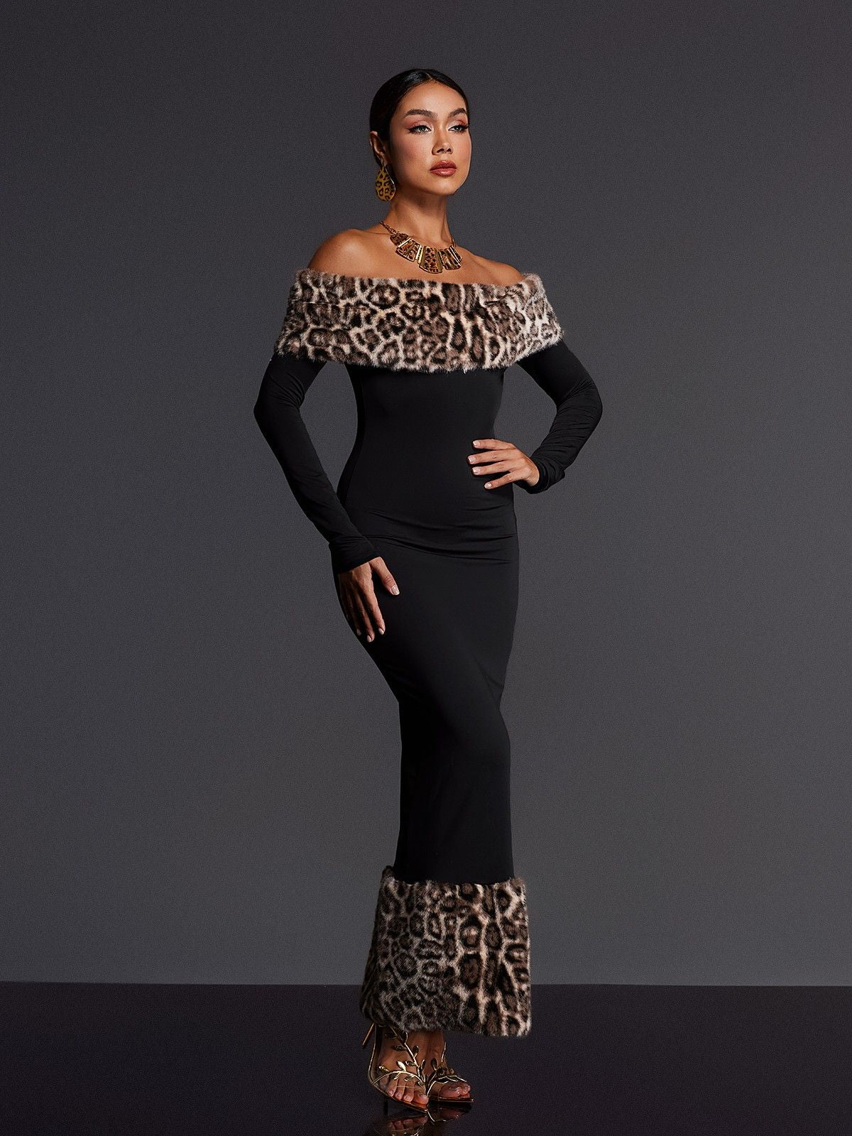 Off Shoulder Furry Maxi Dress in Black