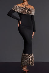 Off Shoulder Furry Maxi Dress in Black