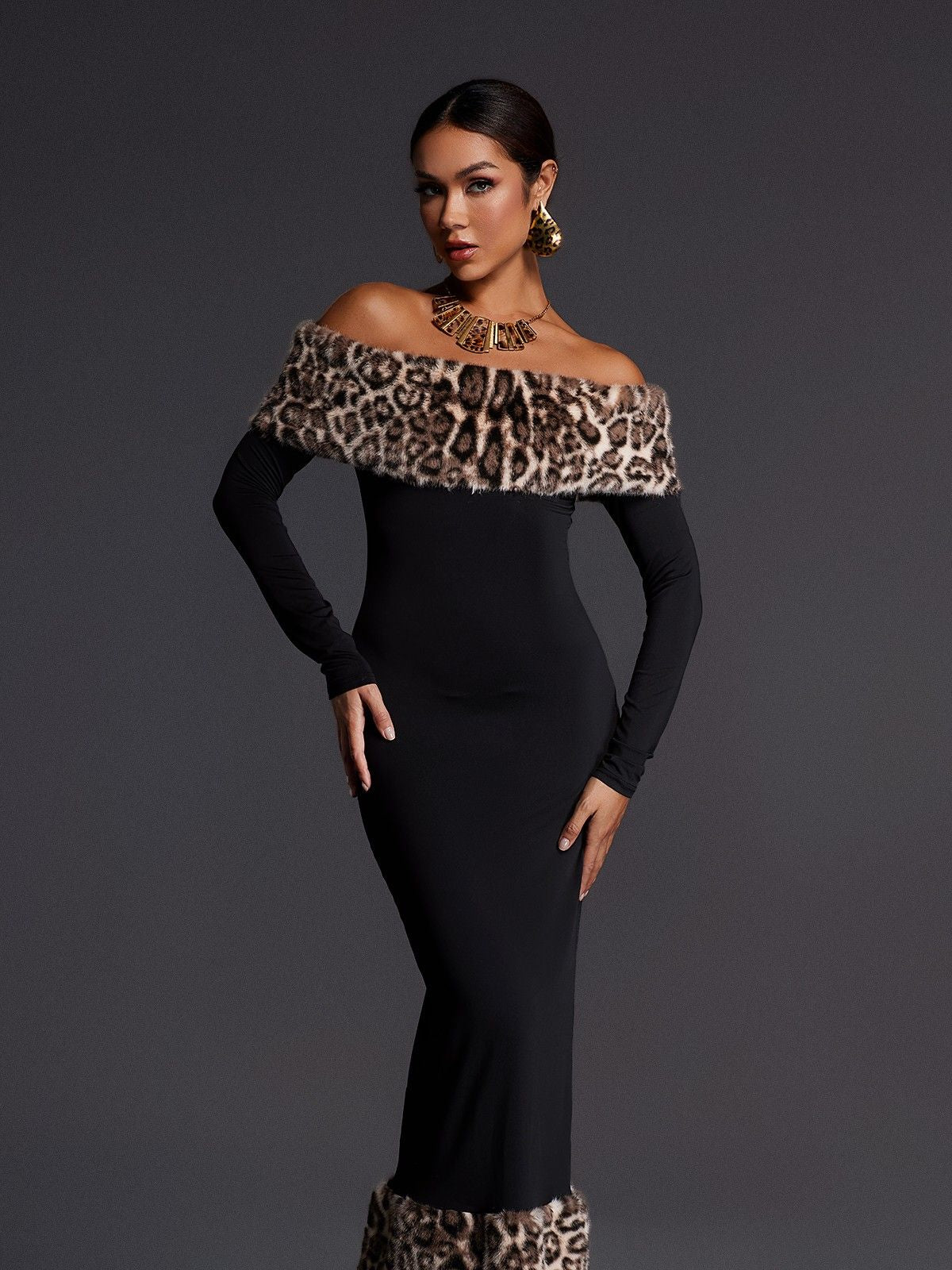 Off Shoulder Furry Maxi Dress in Black