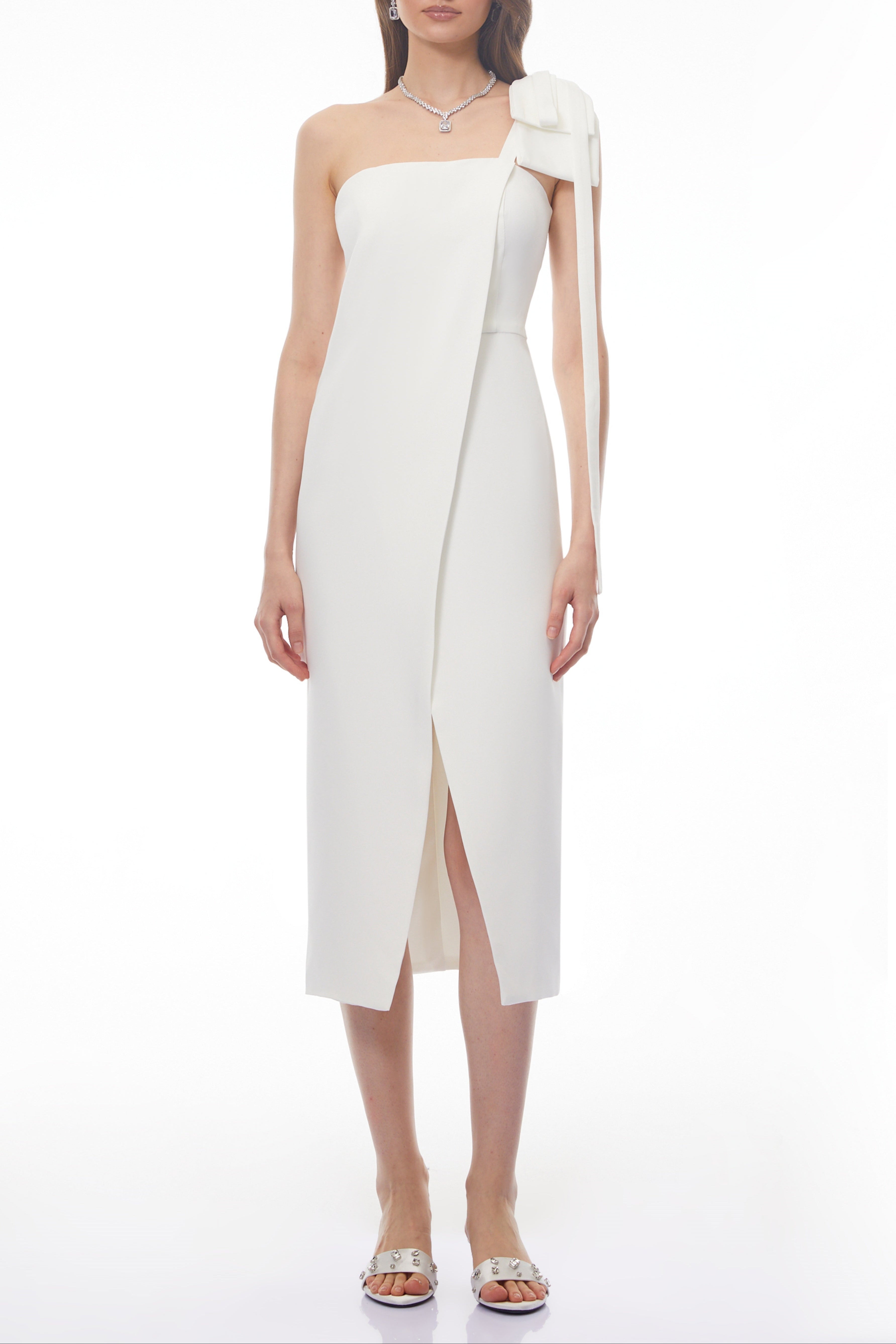 Estelle White Off Shoulder Satin Midi Dress with Bow