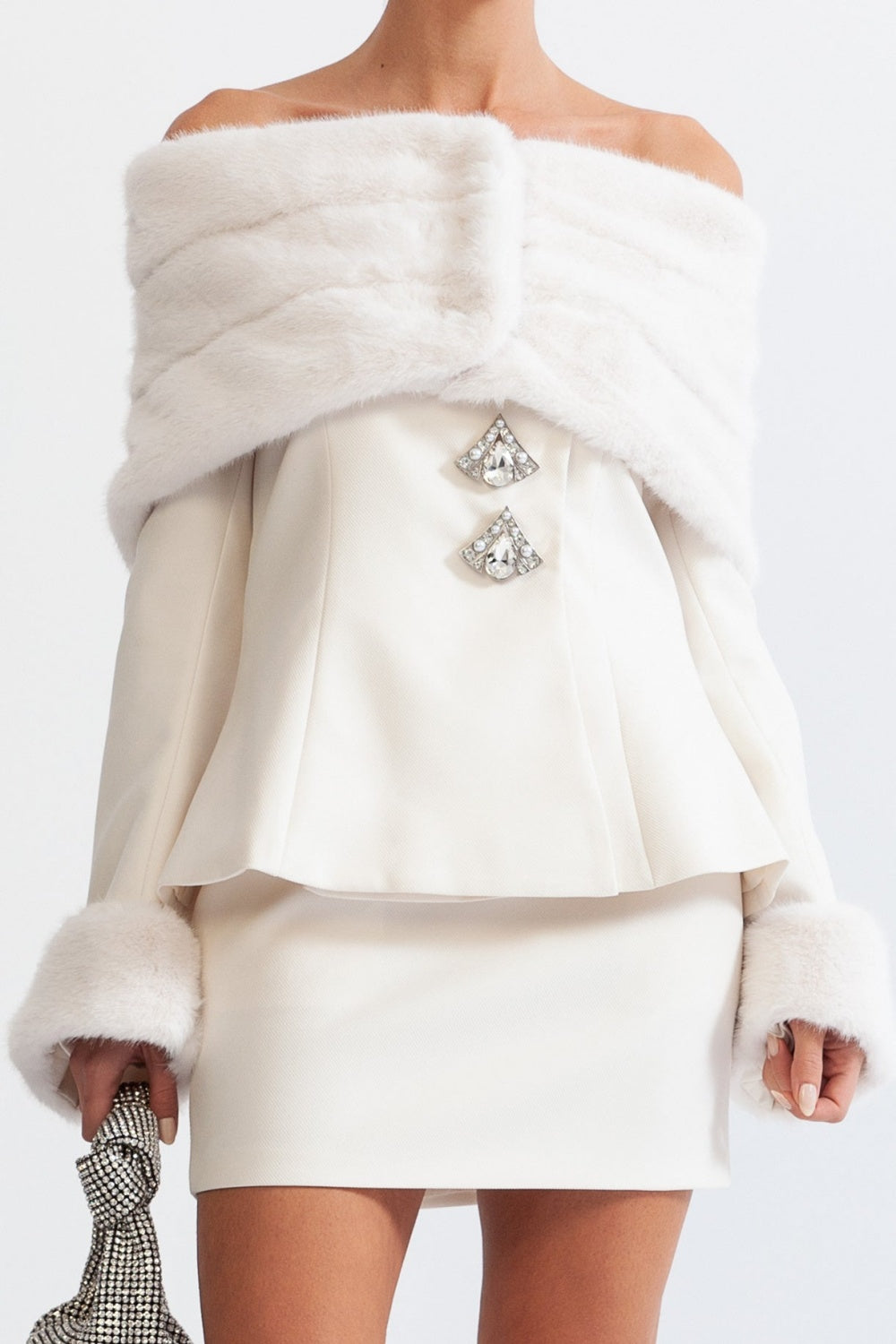 Off Shoulder Faux Fur Two Piece Set