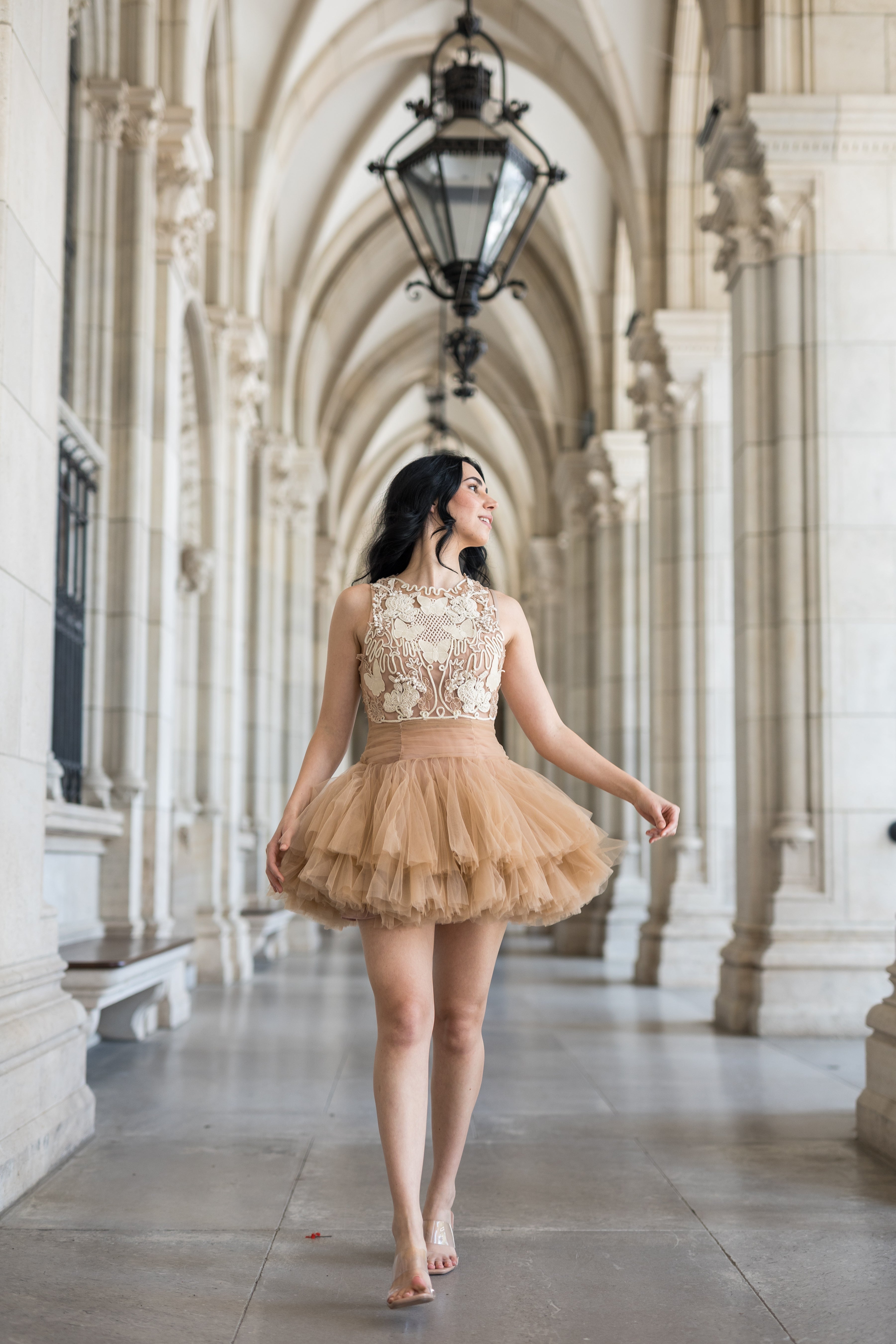 Beige Mini Dress with 3D Applique