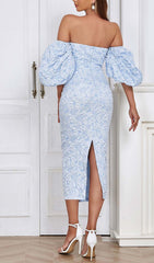 PUFF SLEEVE MIDI DRESS IN SKY BLUE