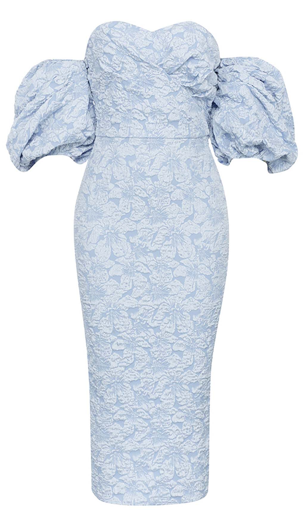 PUFF SLEEVE MIDI DRESS IN SKY BLUE