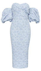 PUFF SLEEVE MIDI DRESS IN SKY BLUE