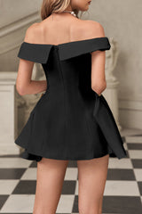 Metal Detail A-Line Off-Shoulder Mini Dress in Black