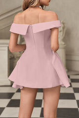 Metal Detail A-Line Off-Shoulder Mini Dress in Pink