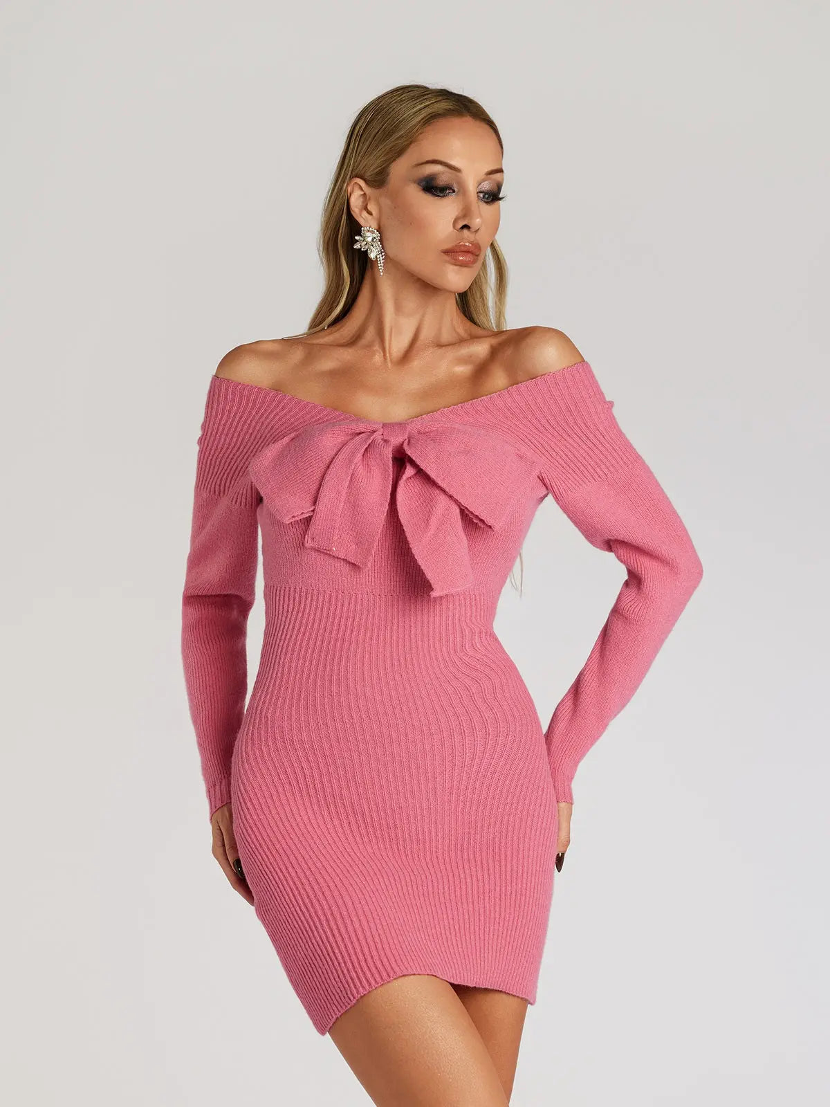 Off Shoulder jersey Mini Dress in Rose Red