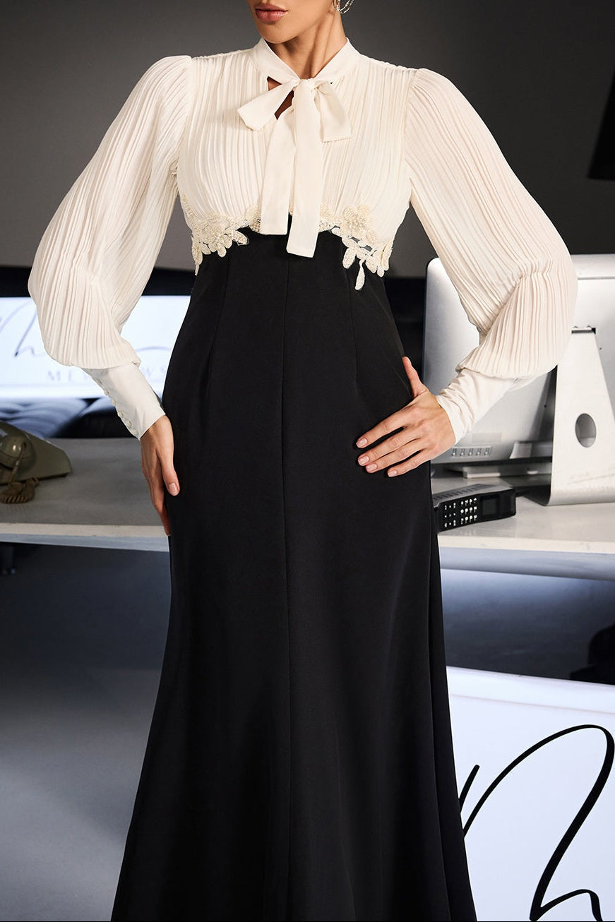 Sleeve Ruched Tie Up Midi Dress - White & Black