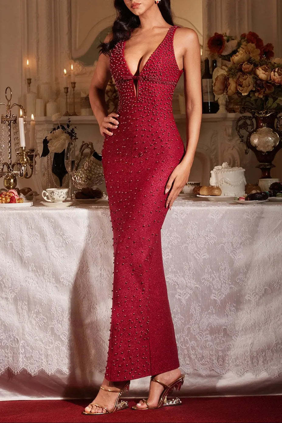 Plunge Neck Maxi Dress in Burgundy