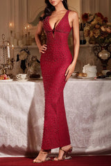 Plunge Neck Maxi Dress in Burgundy
