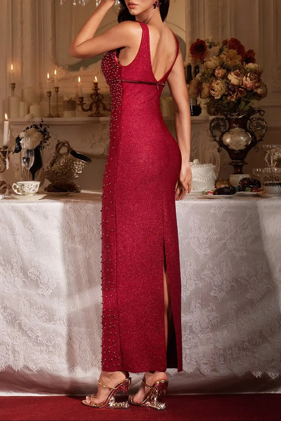 Plunge Neck Maxi Dress in Burgundy