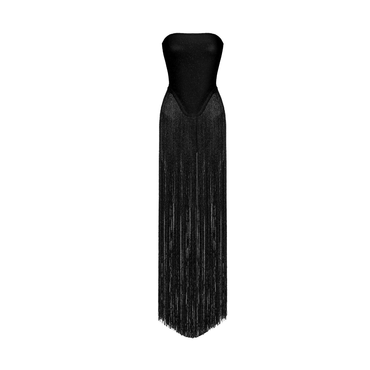 Bodysuit Fringe Dress in Black
