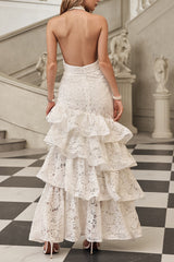 White Deep V-Neck Ruffle Trim Maxi Dress