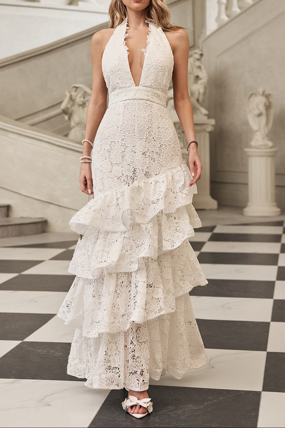 White Deep V-Neck Ruffle Trim Maxi Dress