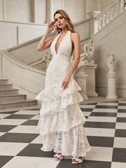 White Deep V-Neck Ruffle Trim Maxi Dress