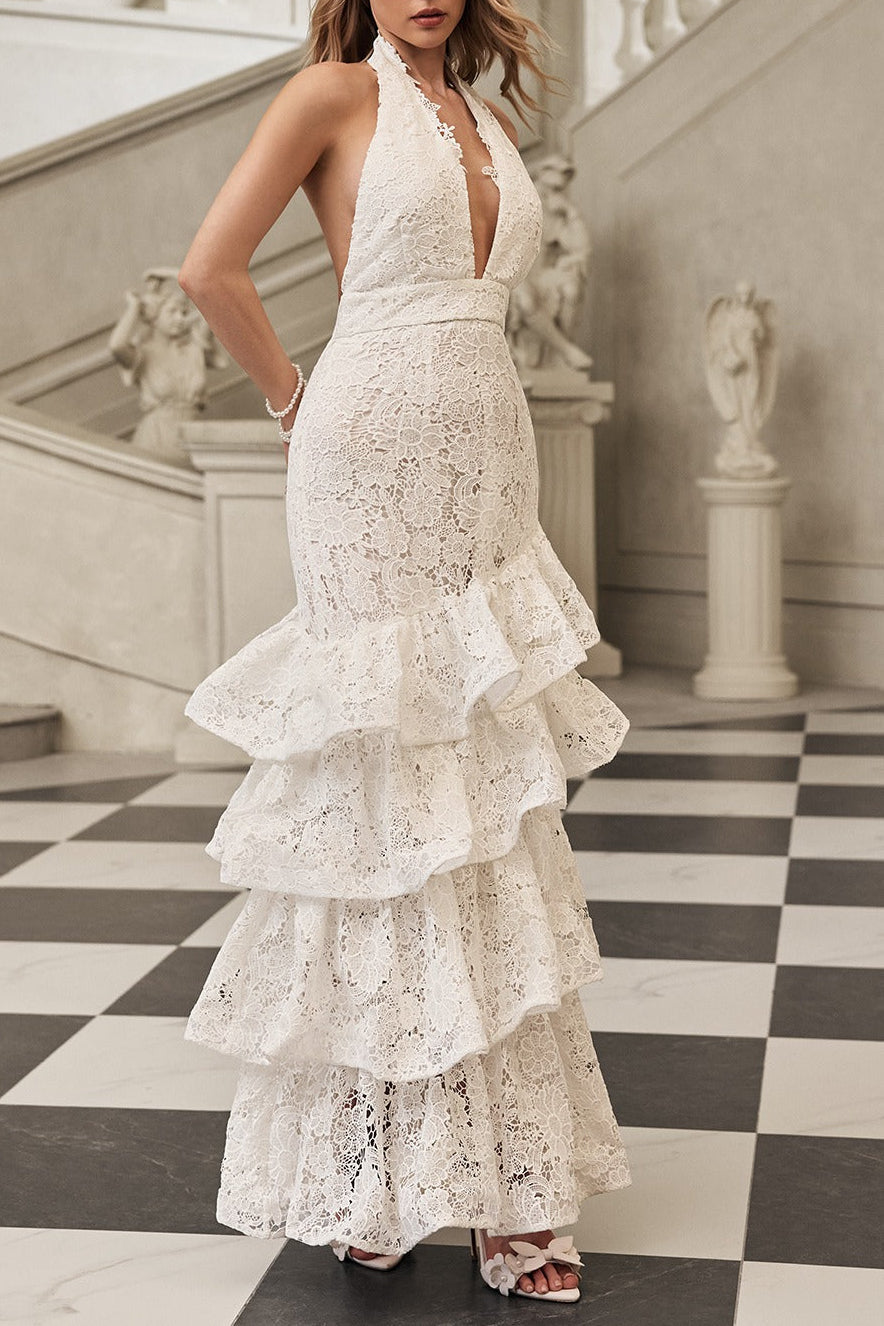 White Deep V-Neck Ruffle Trim Maxi Dress
