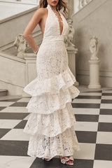 White Deep V-Neck Ruffle Trim Maxi Dress
