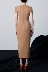 V-Neck Midi Dress in Brown