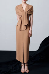 V-Neck Midi Dress in Brown