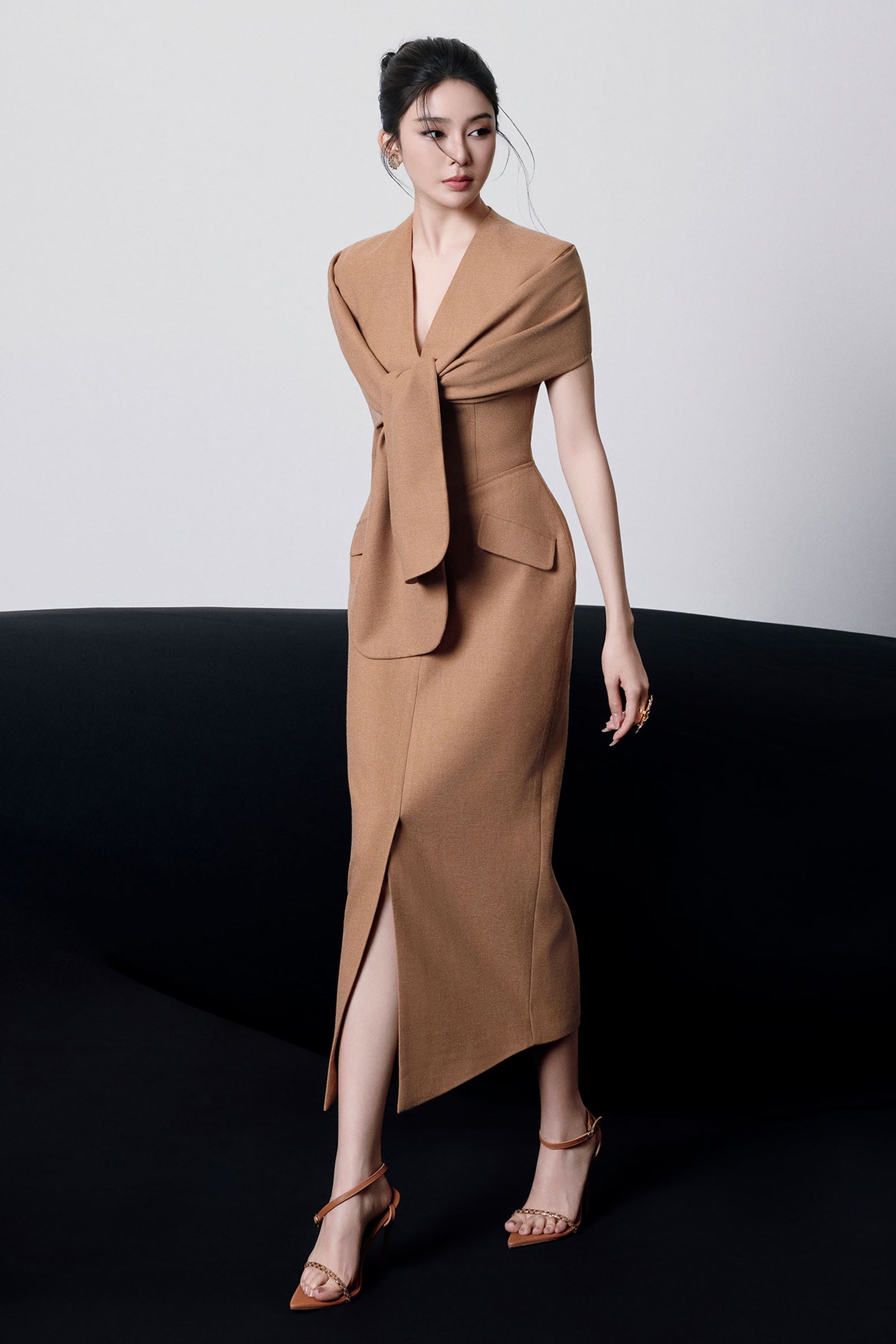 V-Neck Midi Dress in Brown