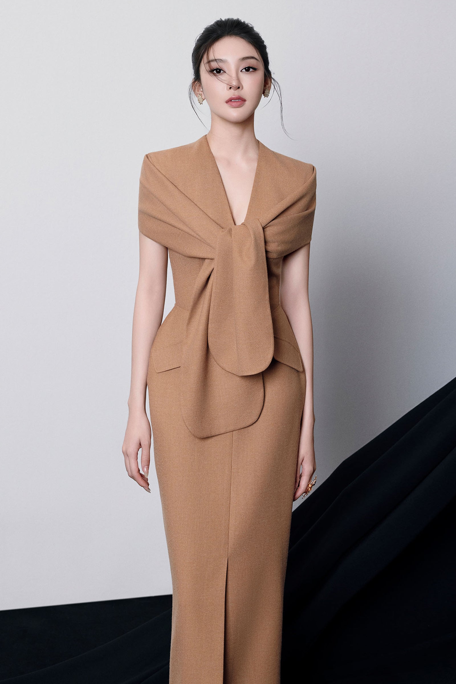 V-Neck Midi Dress in Brown