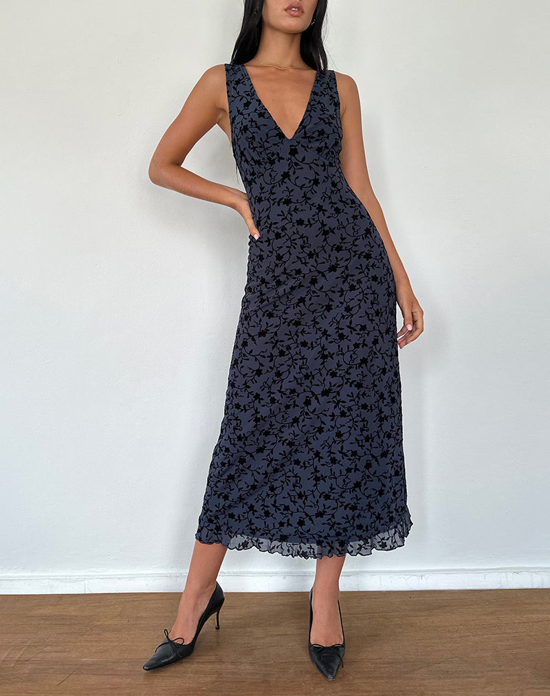 Midi Dress in Flocked Navy