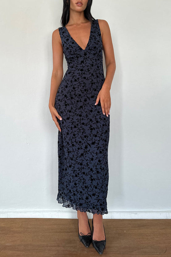 Midi Dress in Flocked Navy