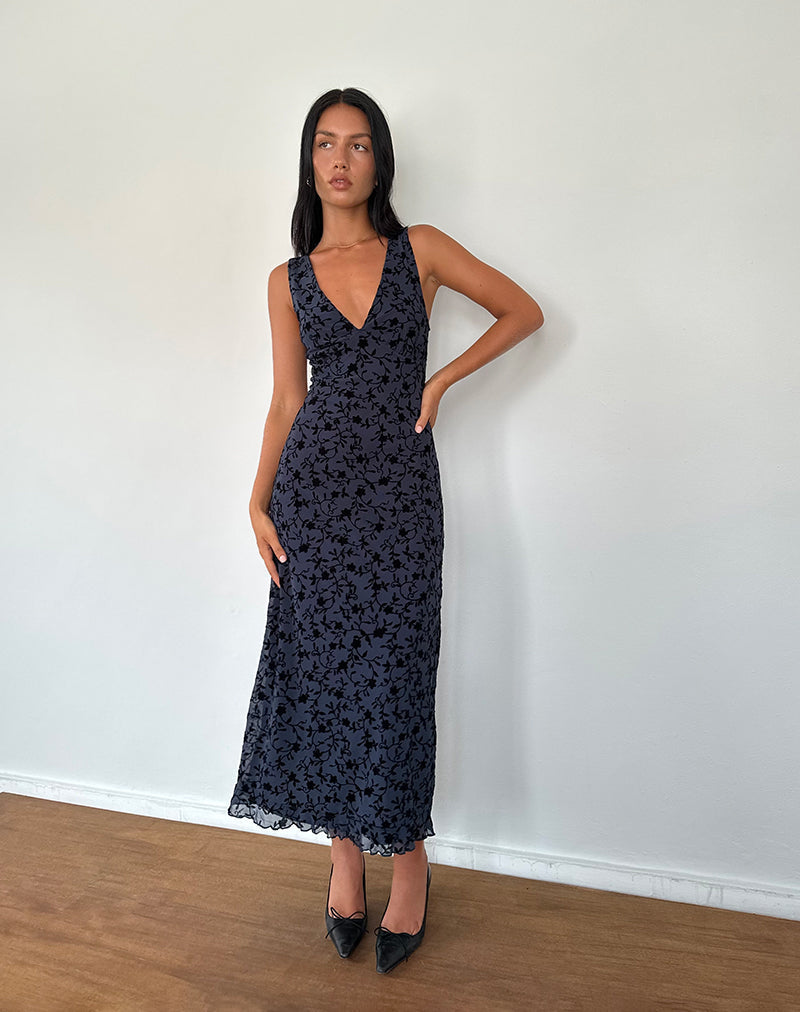 Midi Dress in Flocked Navy