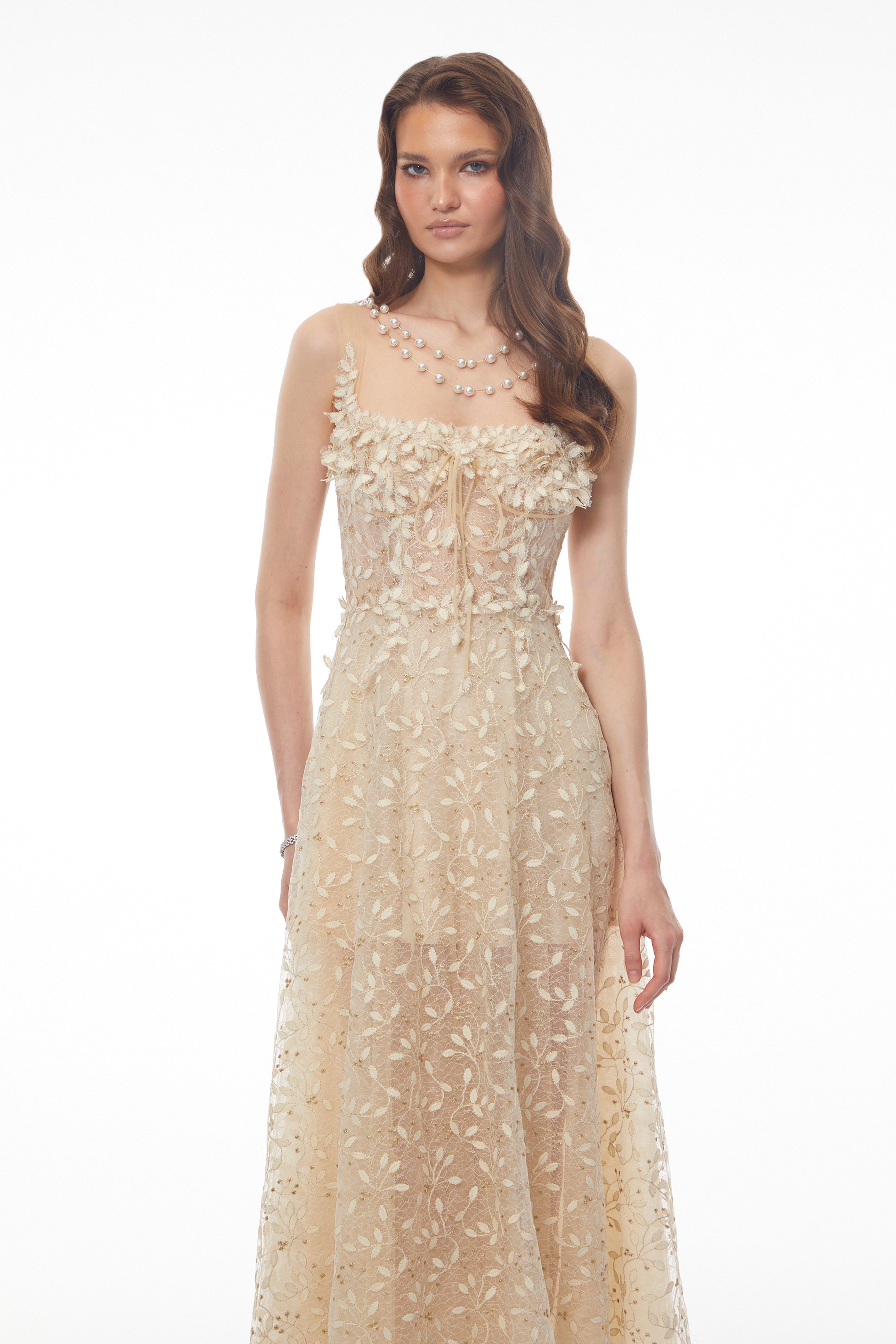 Champagne Maxi Dress with 3D Petals