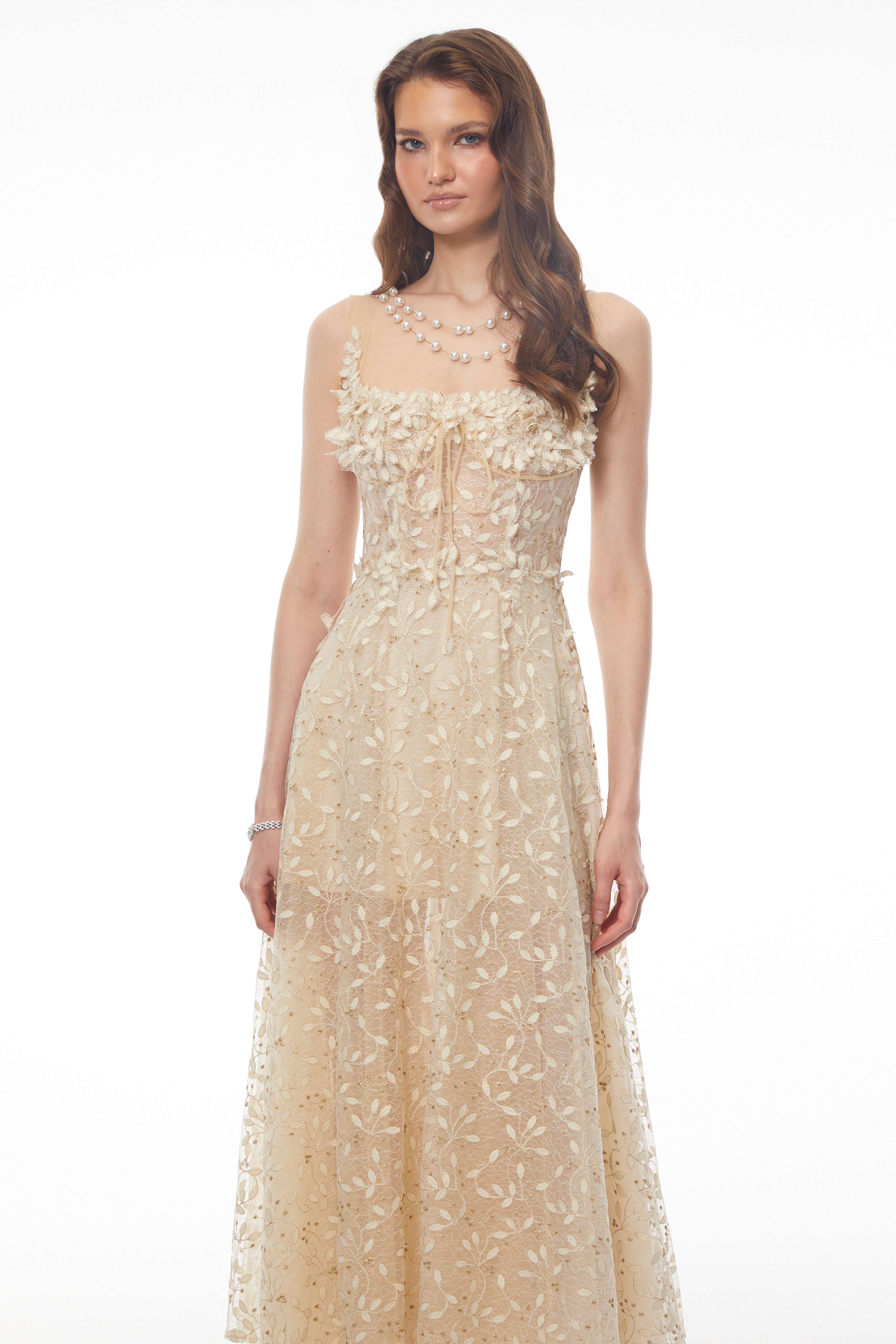 Champagne Maxi Dress with 3D Petals