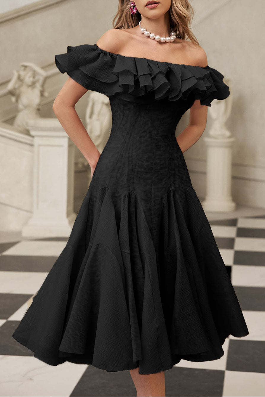 Off Shoulder Ruffle Midi Dress In black