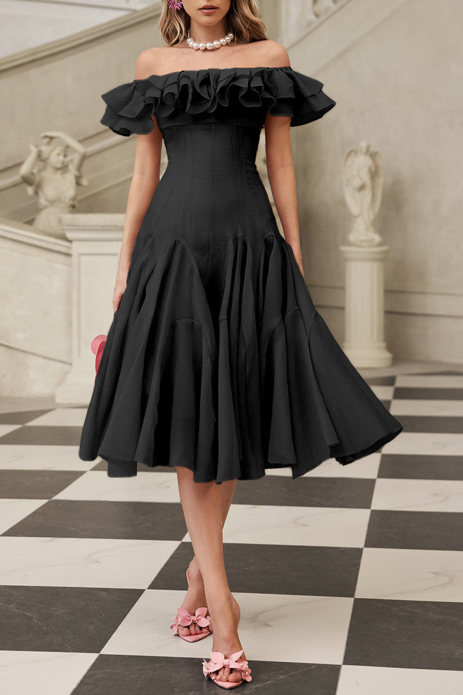 Off Shoulder Ruffle Midi Dress In black