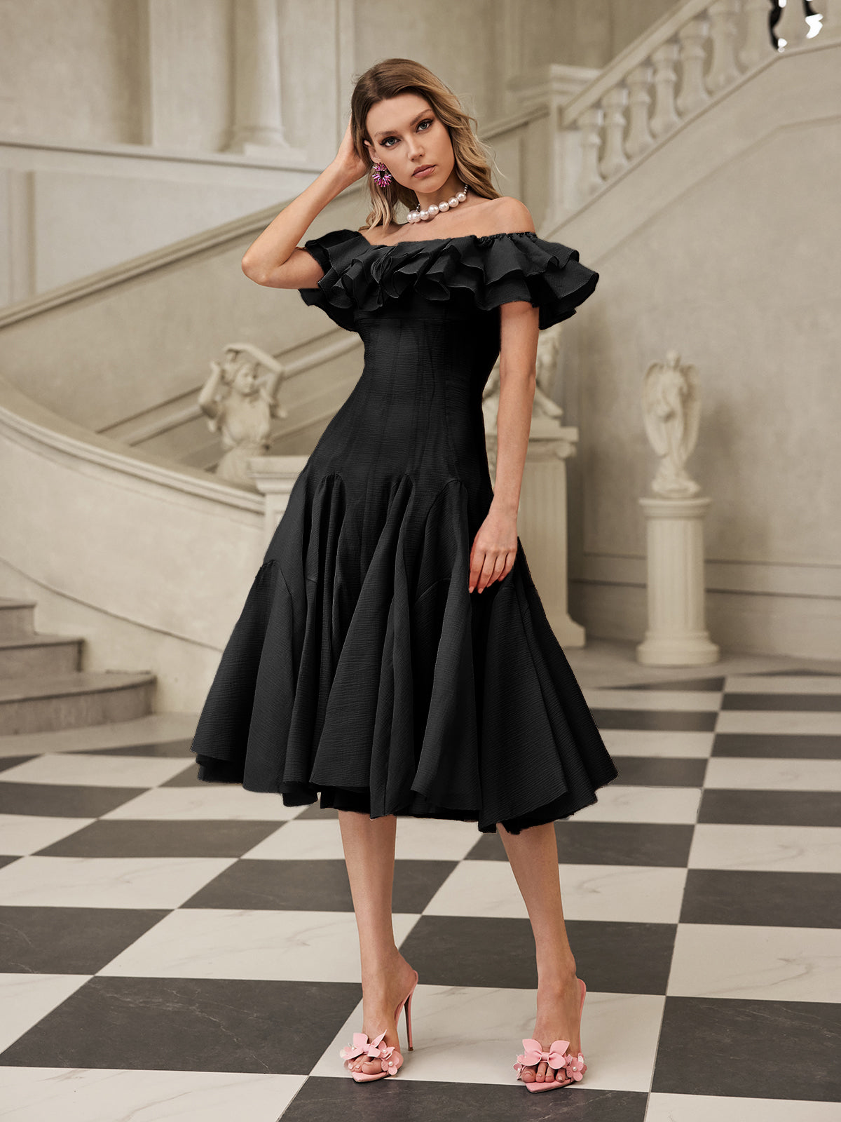 Off Shoulder Ruffle Midi Dress In black