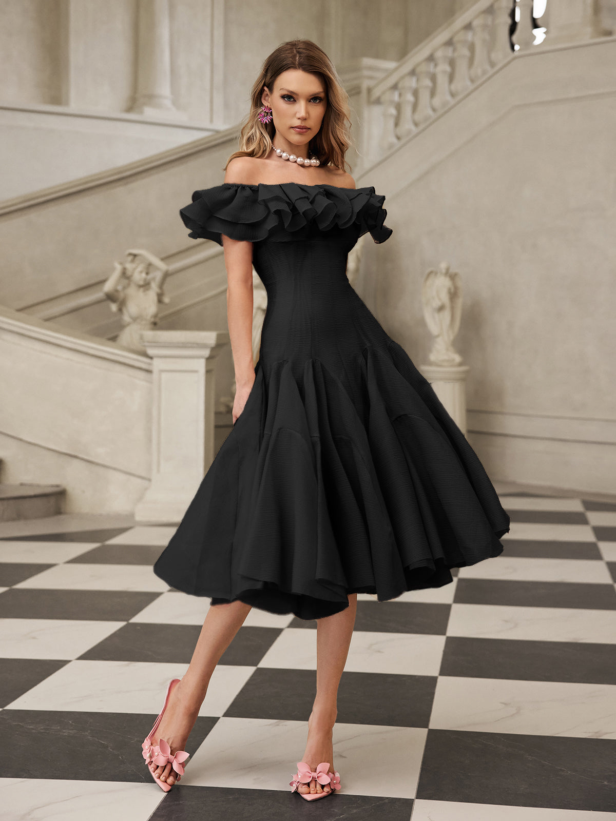 Off Shoulder Ruffle Midi Dress In black