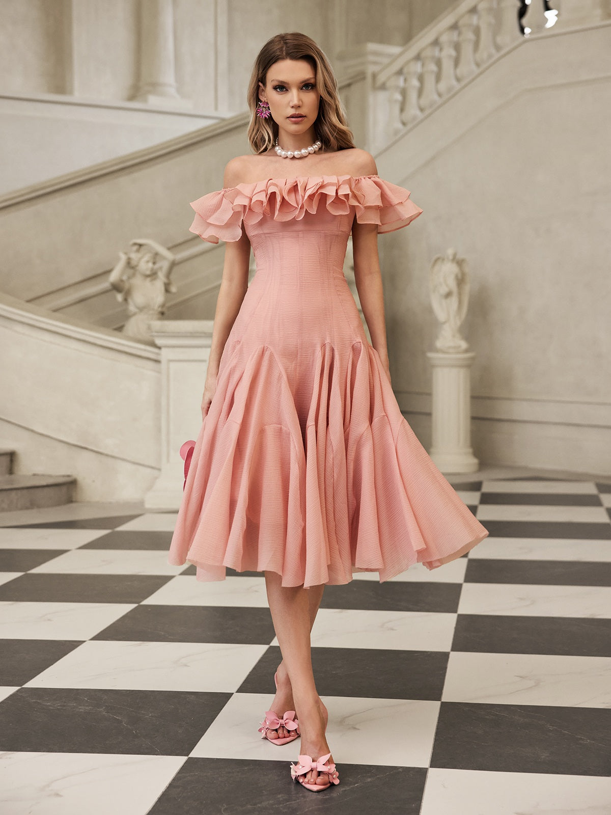 Off Shoulder Ruffle Midi Dress In Pink